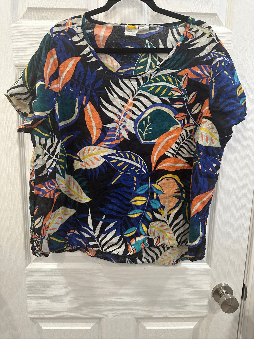 C&C California Womens Linen Woven Blouse 2X Tropical Floral scoop Neck EUC
